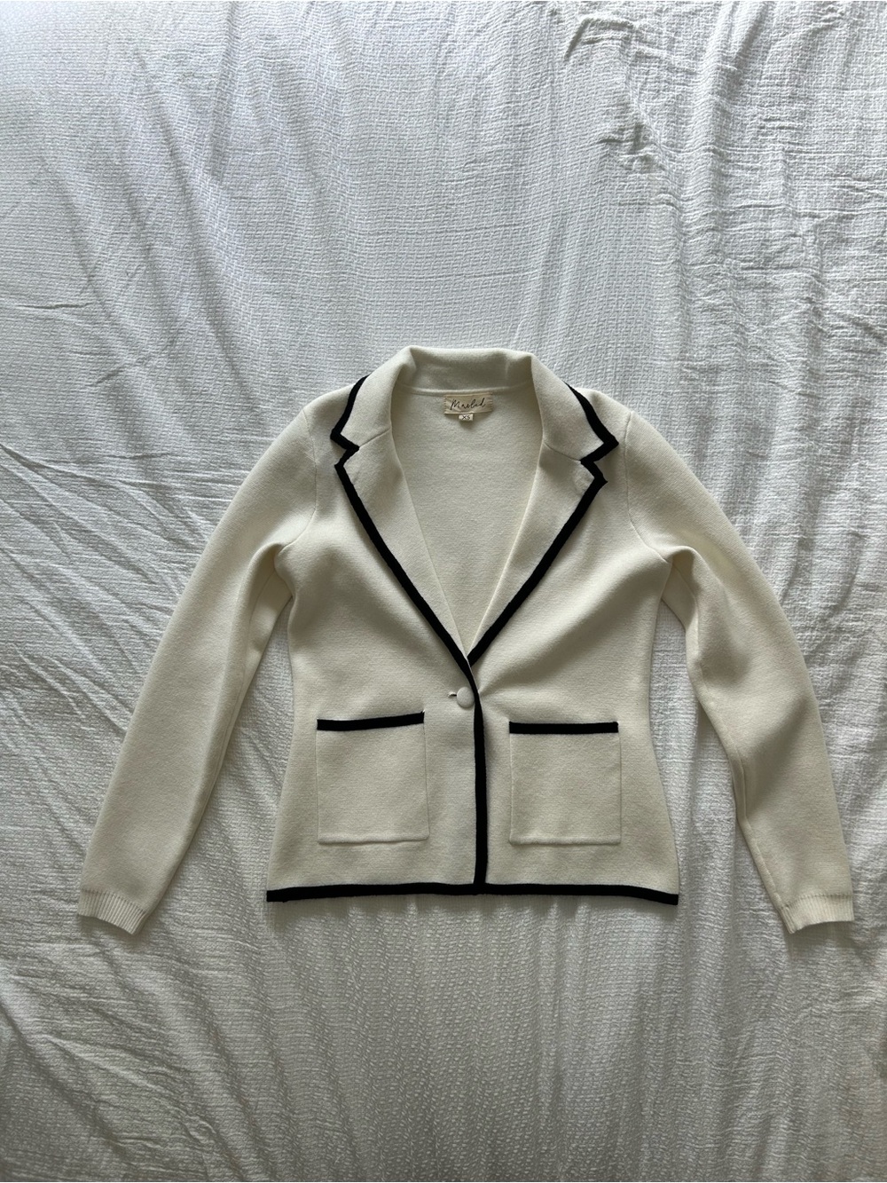 Marled Elegant Ivory Knit Blazer with Black Trim & Cinched Waist